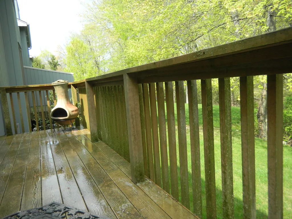 Freshly washed wood deck and railing